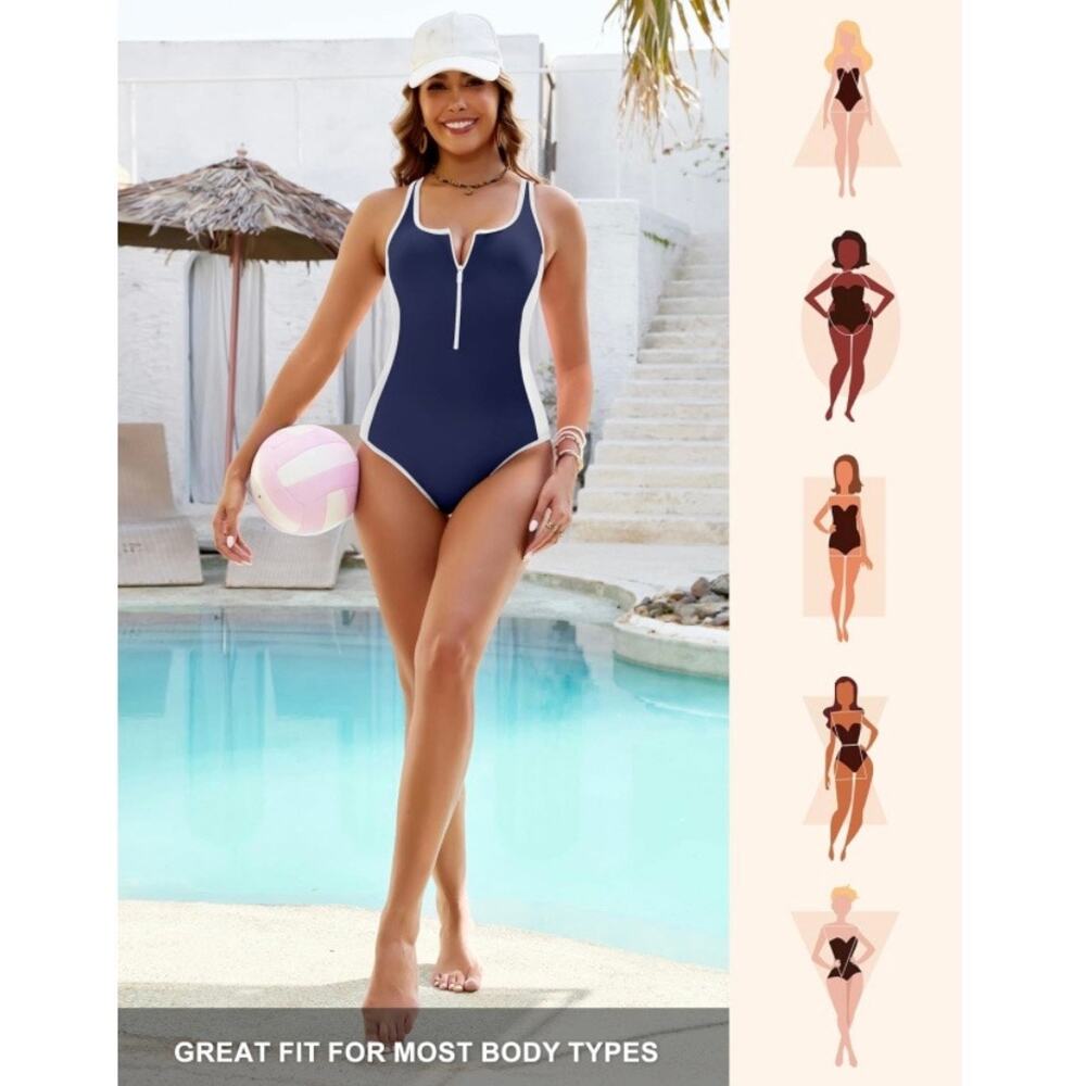 BMJL Women Navy Blue White Tummy Control One Piece Swimsuit Zip Front M NWT - Picture 2 of 7